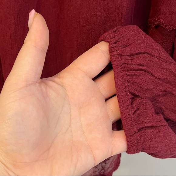 FREE PEOPLE Rainy Days Gauze Lace Oversized Boho Peasant Swing Top Burgundy M - Picture 9 of 13
